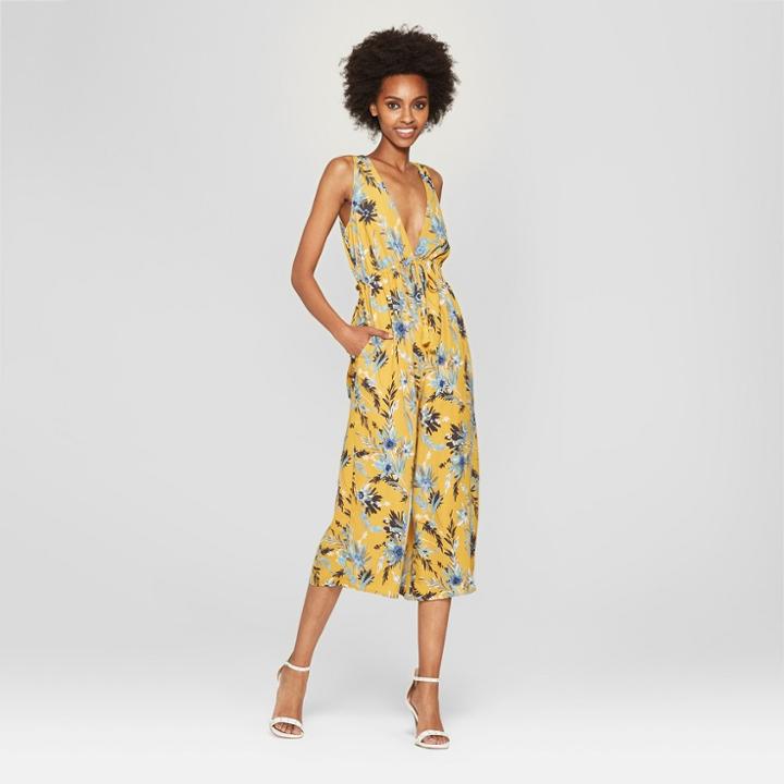 Women's Floral Print Sleeveless Jumpsuit - Needlework Yellow