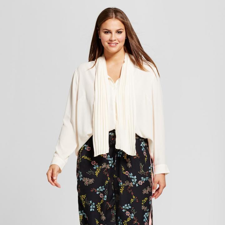 Women's Plus Size Long Sleeve Pleat Tie Neck Blouse - Who What Wear White