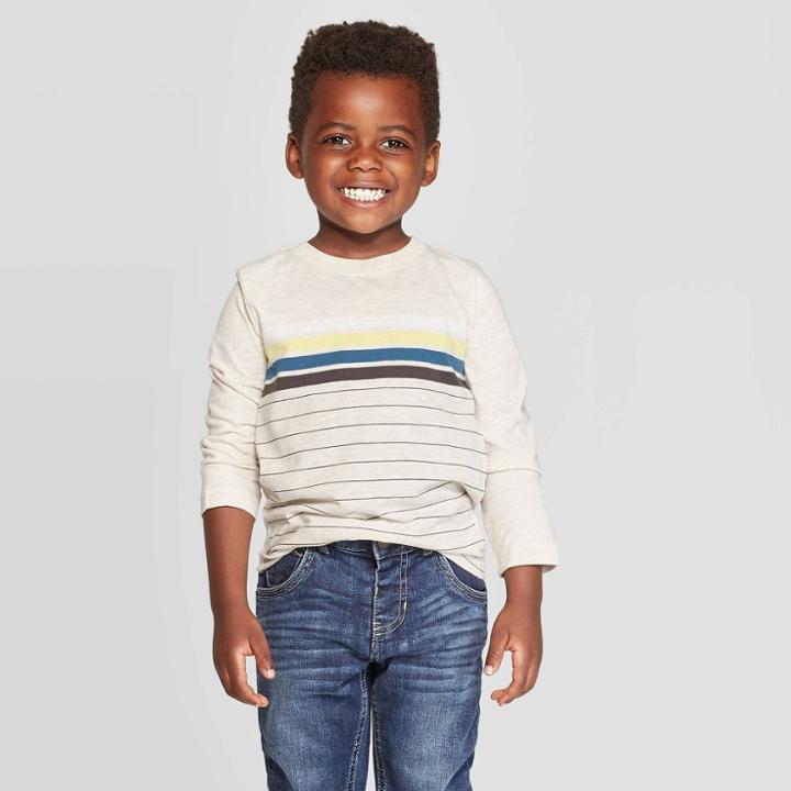Toddler Boys' Stripe Jersey T-shirt - Cat & Jack Oatmeal Heather 12 M, Boy's, Size: