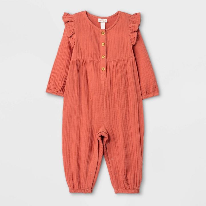 Baby Girls' Gauze Long Sleeve Romper - Cat & Jack Orange Newborn