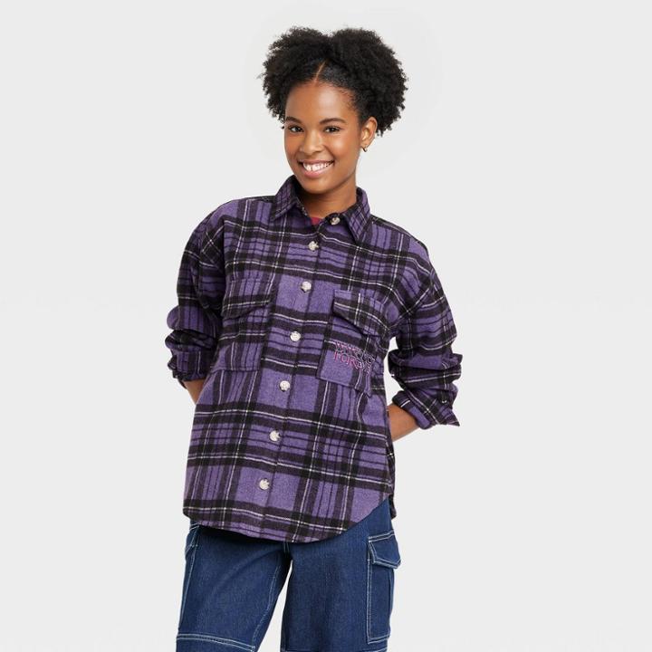 Women's Marvel Wakanda Forever Plaid Graphic Shacket - Purple