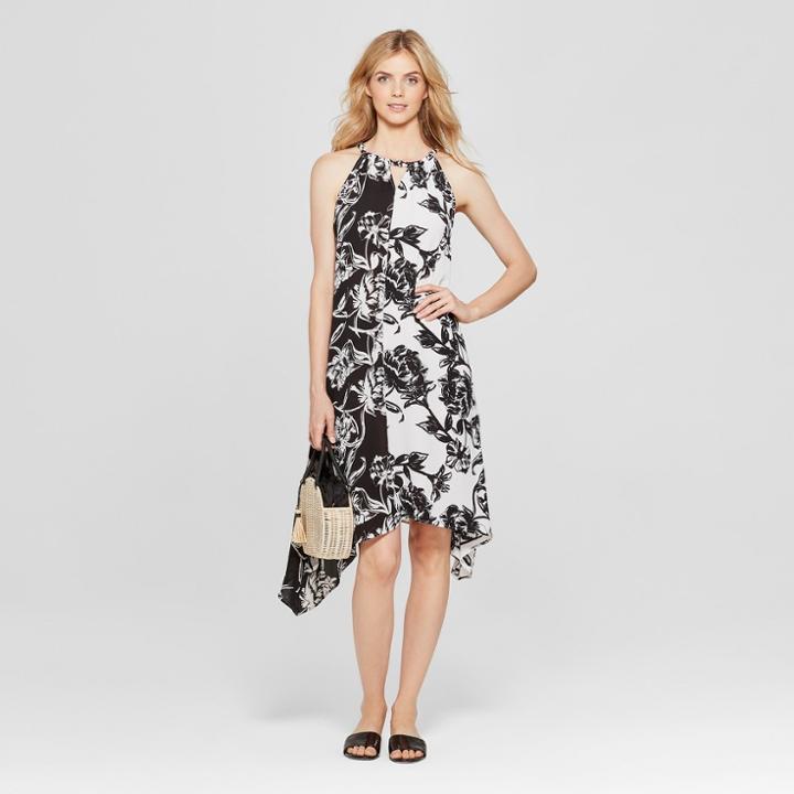 Johnpaulrichard Women's Floral Print Sleeveless Handkerchief Hem Dress -john Paul Richard - White/black