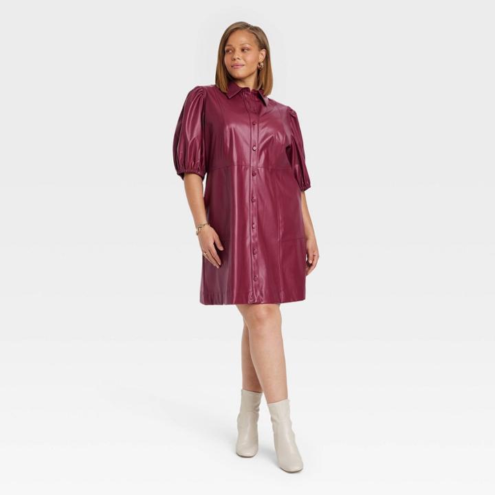 Women's Plus Size Puff Short Sleeve Faux Leather A-line Dress - A New Day Burgundy