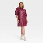 Women's Plus Size Puff Short Sleeve Faux Leather A-line Dress - A New Day Burgundy