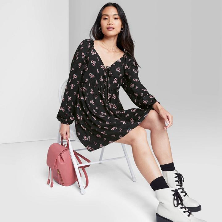 Women's Long Sleeve Tie-front Muse Dress - Wild Fable Black Floral