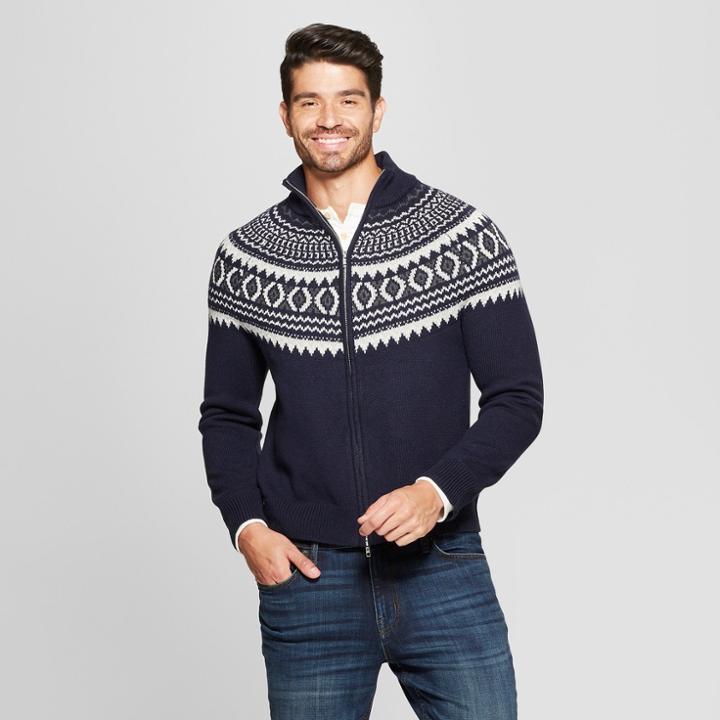 Men's Long Sleeve Jacquard Fairisle Full-zip Cardigan - Goodfellow & Co Navy