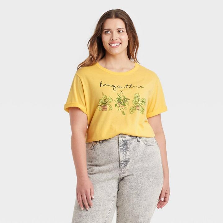 Zoe+liv Women's Plus Size Hang In There Plants Short Sleeve Graphic T-shirt - Yellow