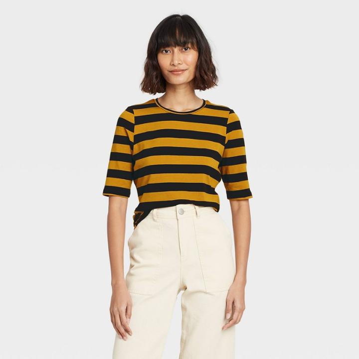 Women's Striped Elbow Sleeve Scoop Neck T-shirt - Who What Wear Brown