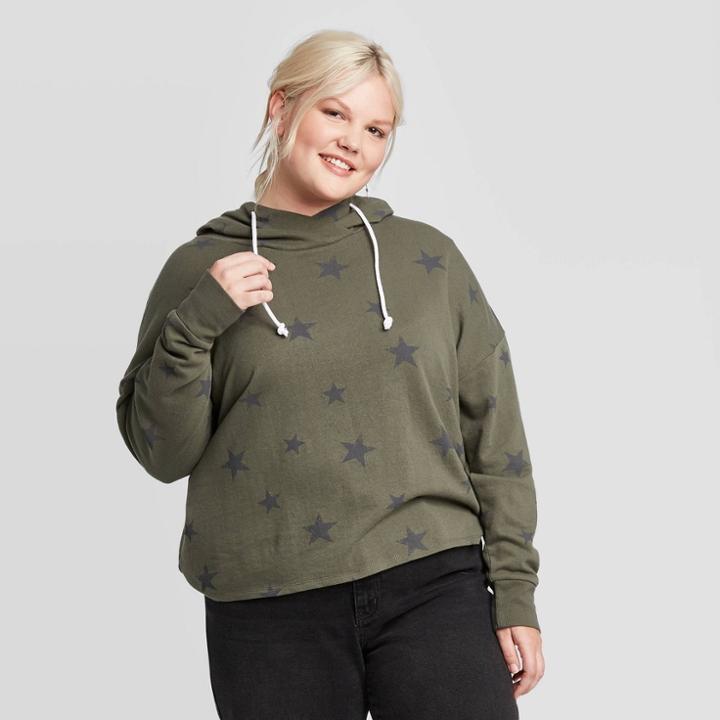 Women's Plus Size Star Print Hoodie Sweatshirt - Grayson Threads (juniors') - Green 1x, Women's,