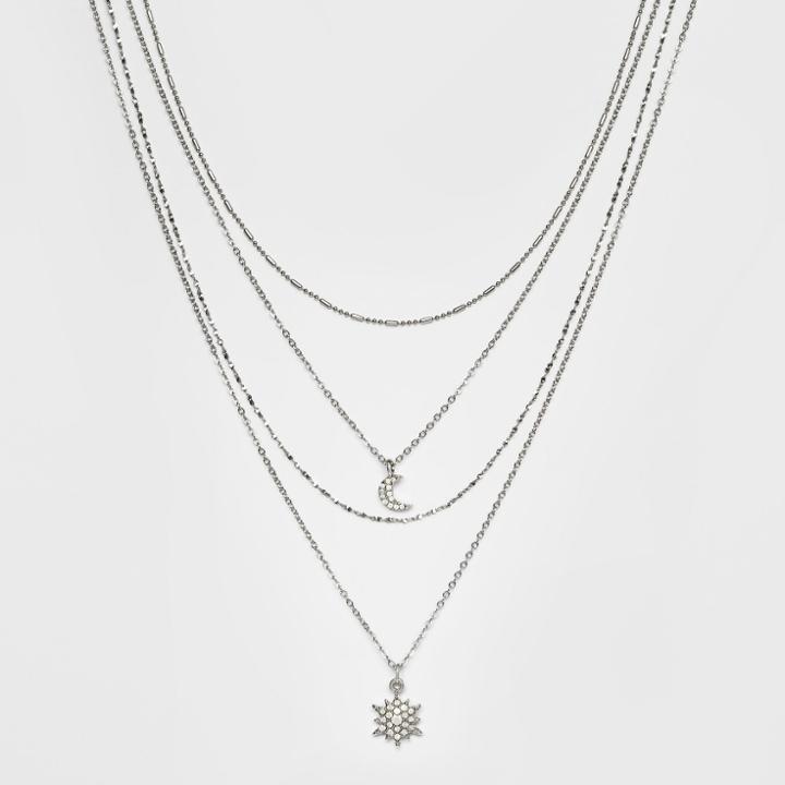 Paved Starburst And Crescent Charms On Layered Necklace - Wild Fable Dark