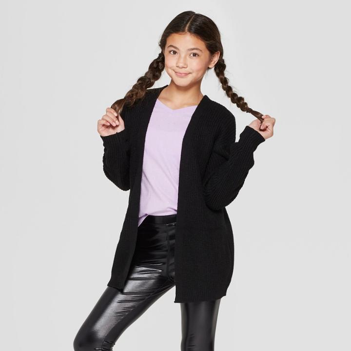 Girls' Lace-up Back Long Sleeve Cardigan - Art Class Black