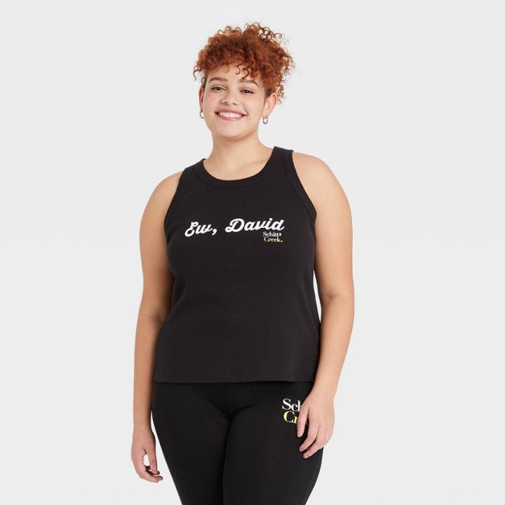 Women's Schitt's Creek Plus Size Ew David Ribbed Graphic Tank Top - Black