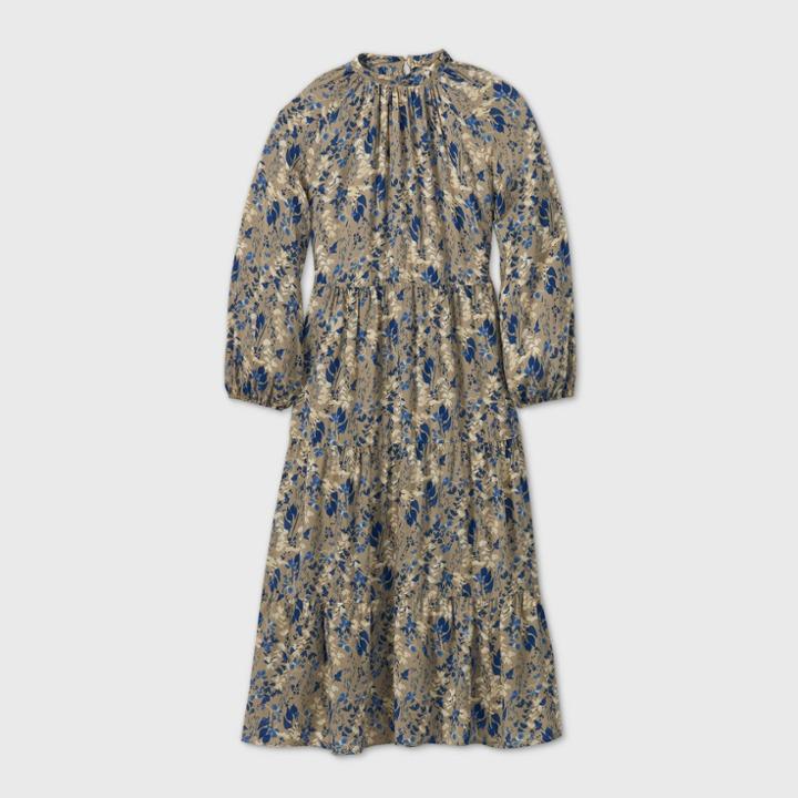 Women's Printed Long Sleeve Tiered Dress - A New Day Gray