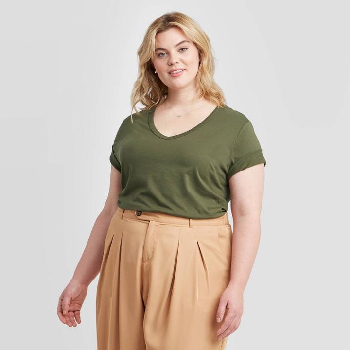 Women's Plus Size Short Sleeve V-neck Slim Fit T-shirt - Ava & Viv Olive 1x, Women's, Size: