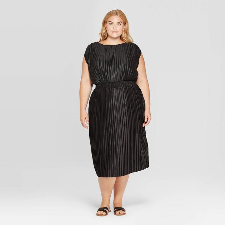 Target Women's Plus Size Short Sleeve Crewneck Pleated Cinched Waist Midi Dress - Prologue Black X