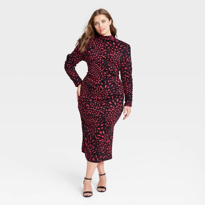 Women's Plus Size Floral Print Puff Long Sleeve A-line Dress - Who What Wear Black