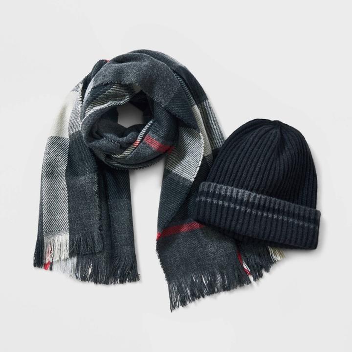 Men's Oversized Plaid Knitted Hat And Scarf Set - Goodfellow & Co Gray