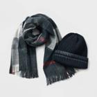 Men's Oversized Plaid Knitted Hat And Scarf Set - Goodfellow & Co Gray