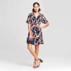 Women's Floral Print Short Sleeve Tie Waist Crepe Dress - A New Day Navy