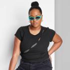 Women's Plus Size Short Sleeve Diagonal Cut Out Baby T-shirt - Wild Fable Black
