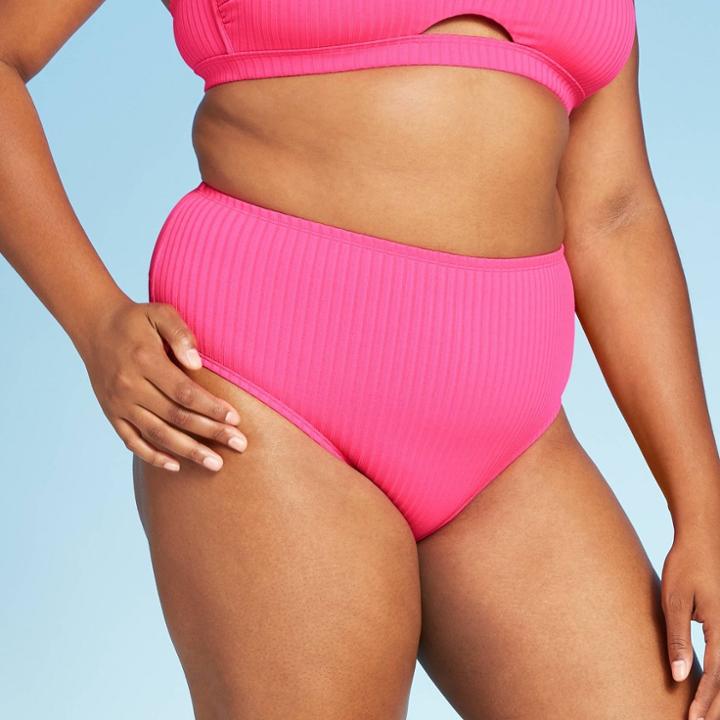 Women's Plus Size Ribbed Cheeky High Waist Bikini Bottom - Xhilaration Pink 14w, Women's, Black White