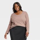 Women's Plus Size Slim Fit Long Sleeve Scoop Neck Ribbed T-shirt - Ava & Viv Tan