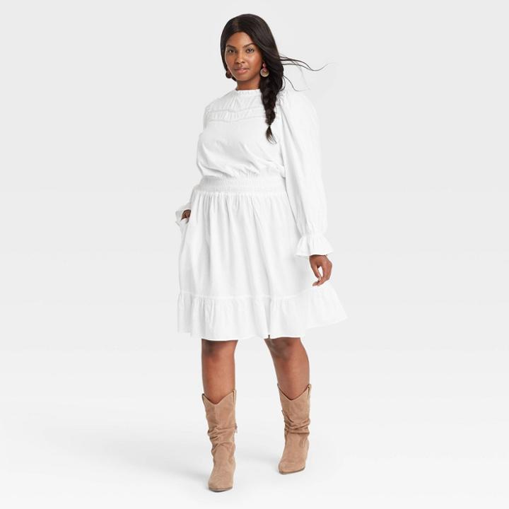 Women's Plus Size Balloon Long Sleeve Smocked Waist Dress - Universal Thread White