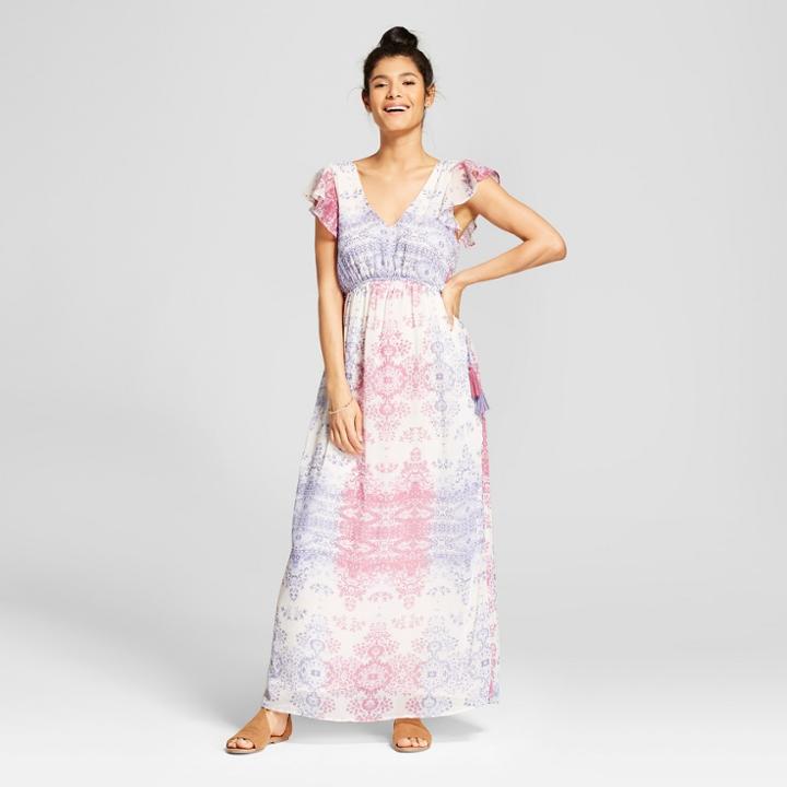 Women's Ruffle Sleeve Print Maxi Dress - Knox Rose Ivory
