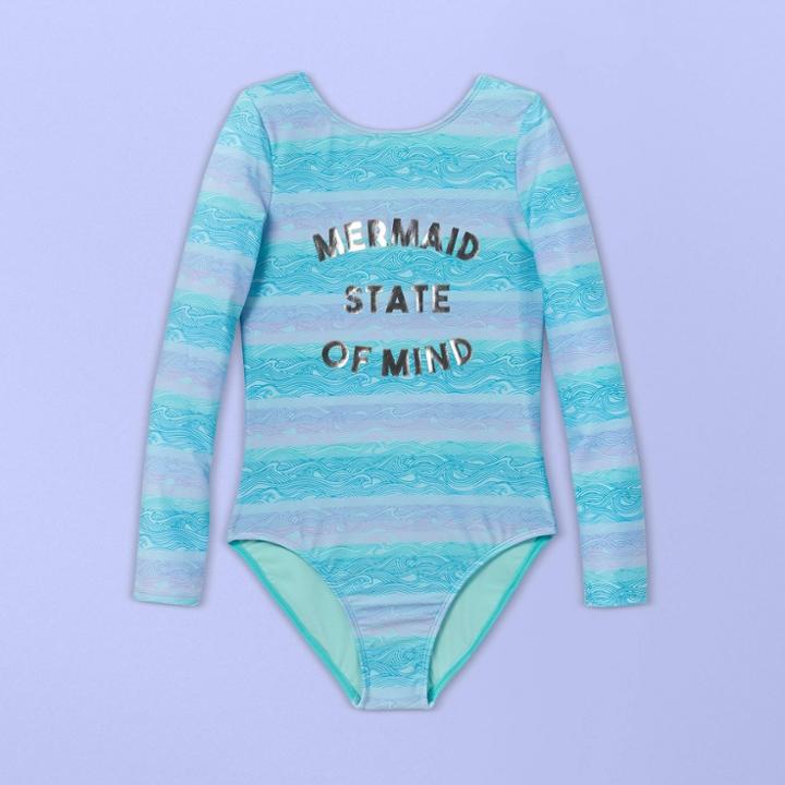 Girls' Long Sleeve Wave Stripe One Piece Swimsuit - More Than Magic Aqua