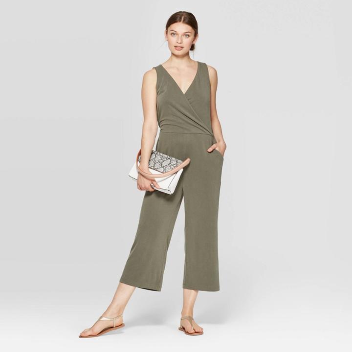 Target Women's Sleeveless Deep V-neck Sandwash Knit Jumpsuit - A New Day Olive (green)