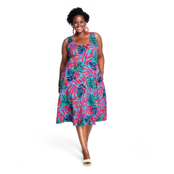 Women's Plus Size Tropical Print Sleeveless Knit Midi Dress - Tabitha Brown For Target Blue/pink