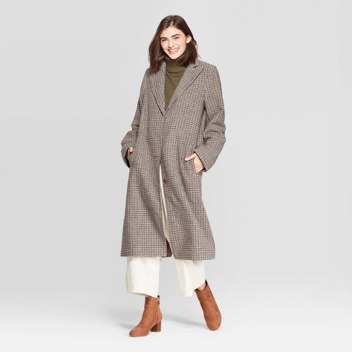 Women's Plaid Single Breasted Top Coat - A New Day Heather Brown M, Women's,