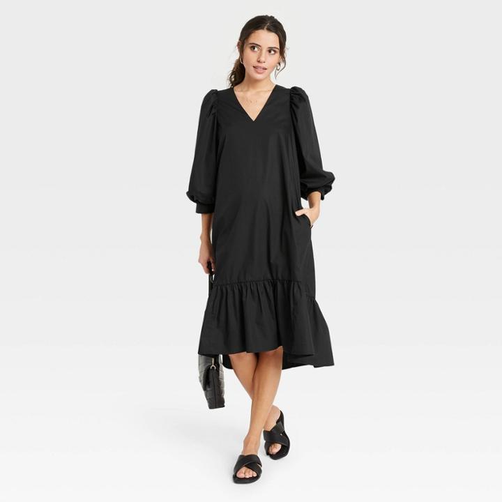 Women's Long Sleeve Ruffle Hem Dress - A New Day Black