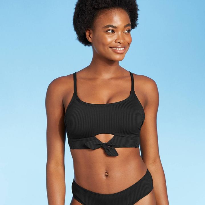 Juniors' Ribbed Tie-front Bralette Bikini Top - Xhilaration Black D/dd Cup