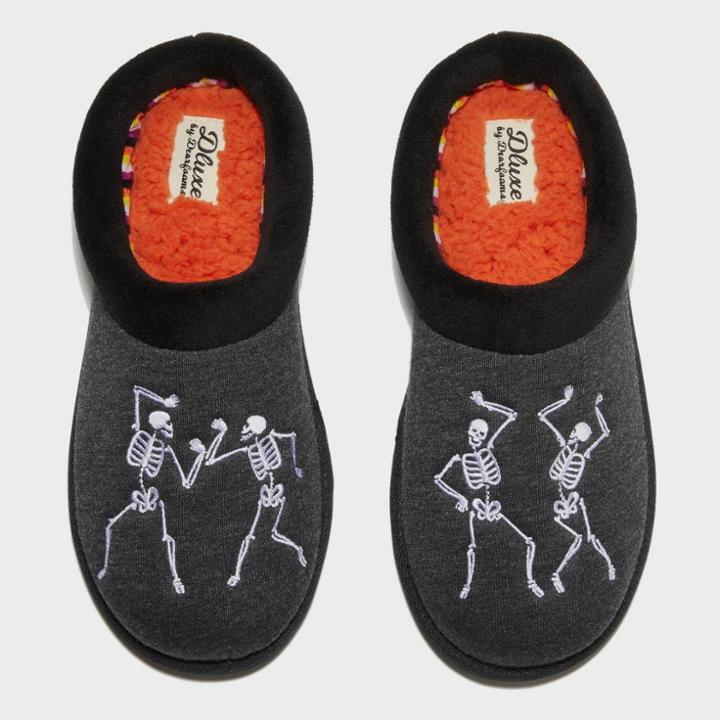 Adult's Dluxe By Dearfoams Halloween Skeleton Slippers - Black