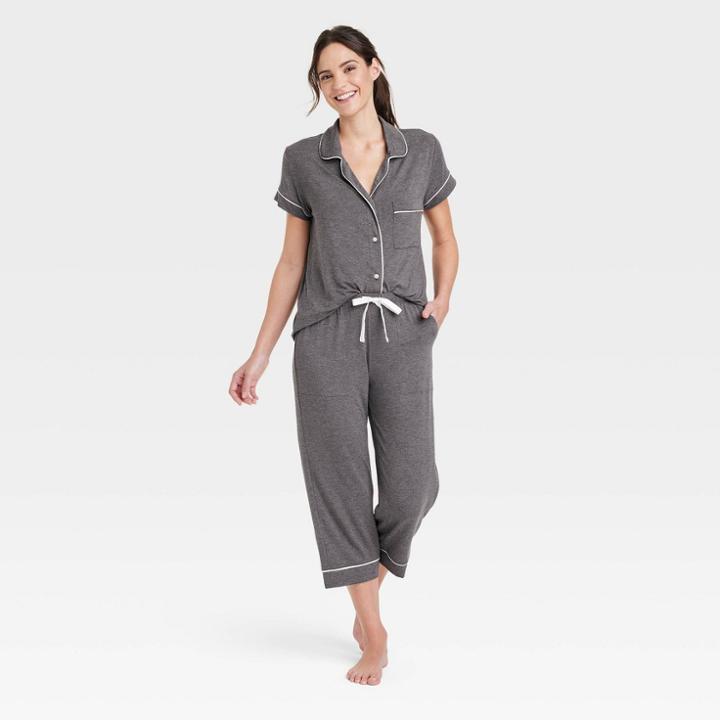 Women's Beautifully Soft Short Sleeve Notch Collar Top And Pants Pajama Set - Stars Above Heathered Gray