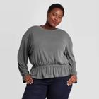 Women's Plus Size Long Sleeve Sandwash Smocked Top - A New Day Gray