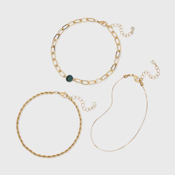 Glass Pearl Chain Anklet Set 3pc - A New Day Dark Green/gold
