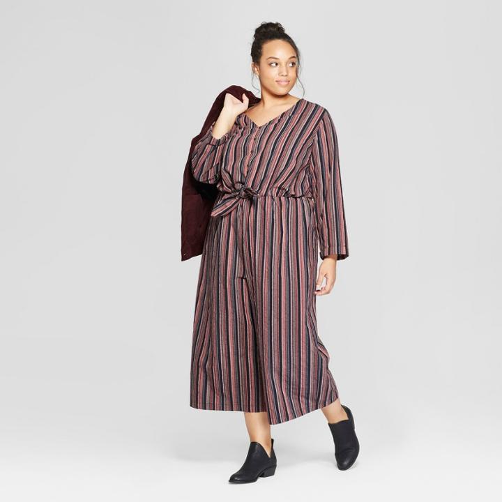Women's Plus Size Striped Long Sleeve Tie Front Jumpsuit - Universal Thread Navy