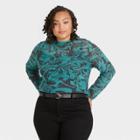 Women's Plus Size Long Sleeve Mesh Top - Ava & Viv Black Geometric