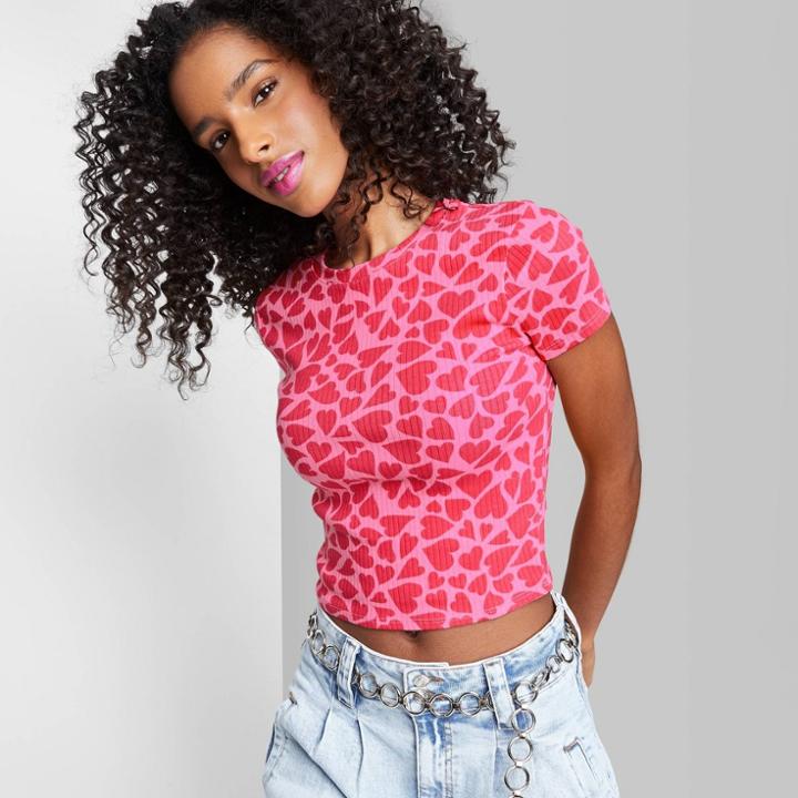 Women's Short Sleeve Slim Fit Baby T-shirt - Wild Fable Pink Hearts