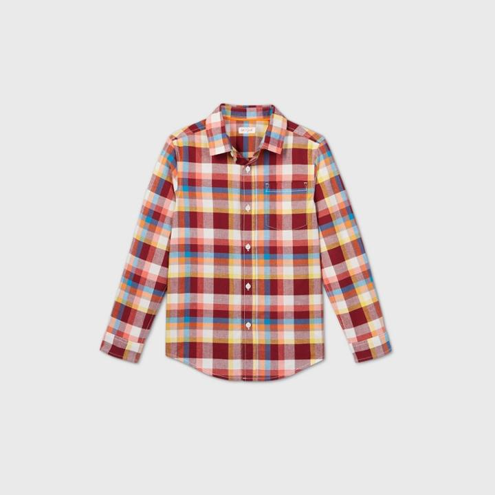 Boys' Poplin Plaid Long Sleeve Button-down Shirt - Cat & Jack Orange/white/yellow