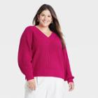 Women's Plus Size V-neck Pullover Sweater - A New Day Dark Pink