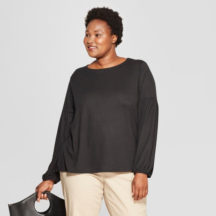 Women's Plus Size Pleated Long Sleeve Knit Top - Ava & Viv Black