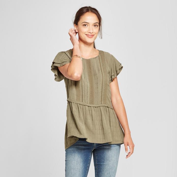 Women's Flutter Sleeve Textured Lace Back Top - Knox Rose Olive