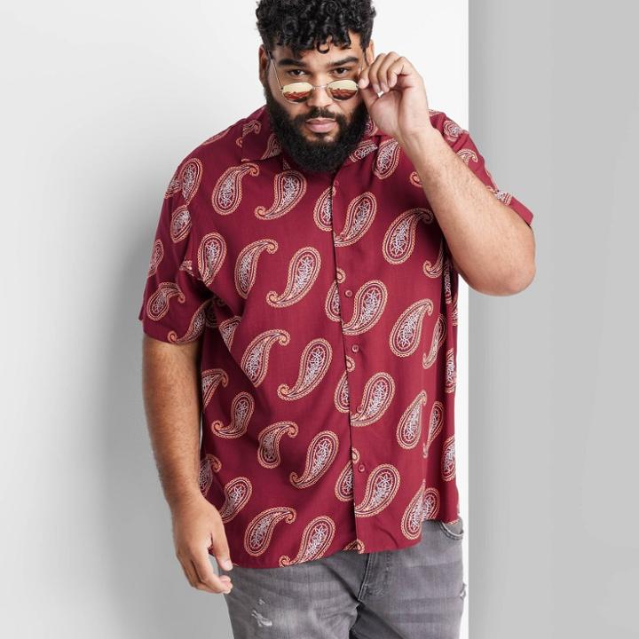 Adult Extended Size Short Sleeve Woven Button-down Shirt - Original Use Red/floral Print