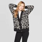 Women's Leopard Print Long Sleeve V-neck Grandpa Cardigan Sweater - Universal Thread Black