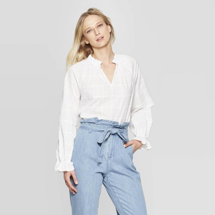 Women's Long Blouson Sleeve Mock Neck Top - Who What Wear White