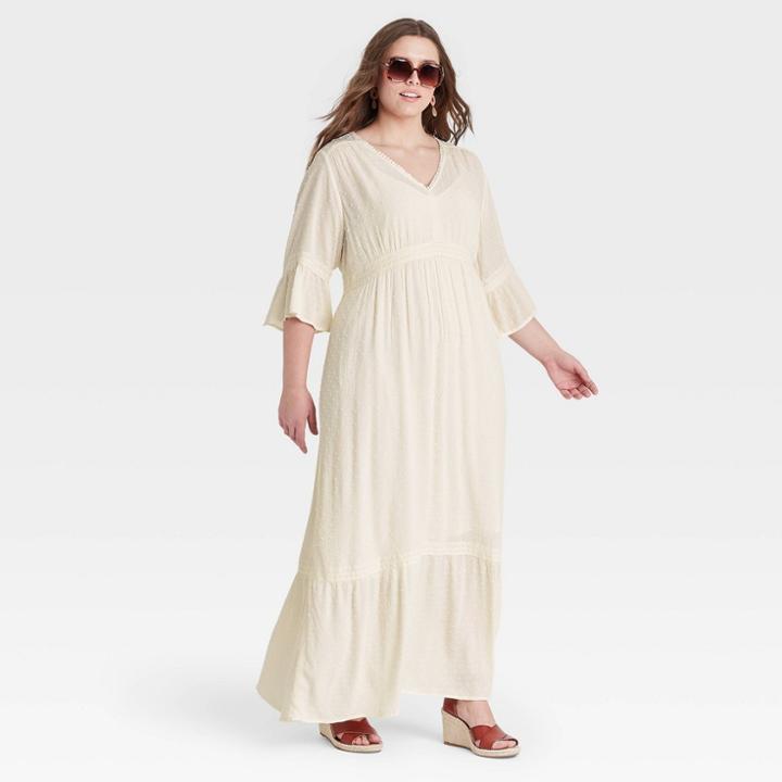 Women's Plus Size Polka Dot 3/4 Sleeve Clip Dot Dress - Knox Rose Ivory