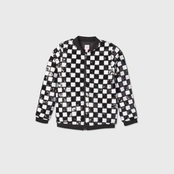 Girls' Flip Sequin Checkered Bomber Jacket - More Than Magic Black/white
